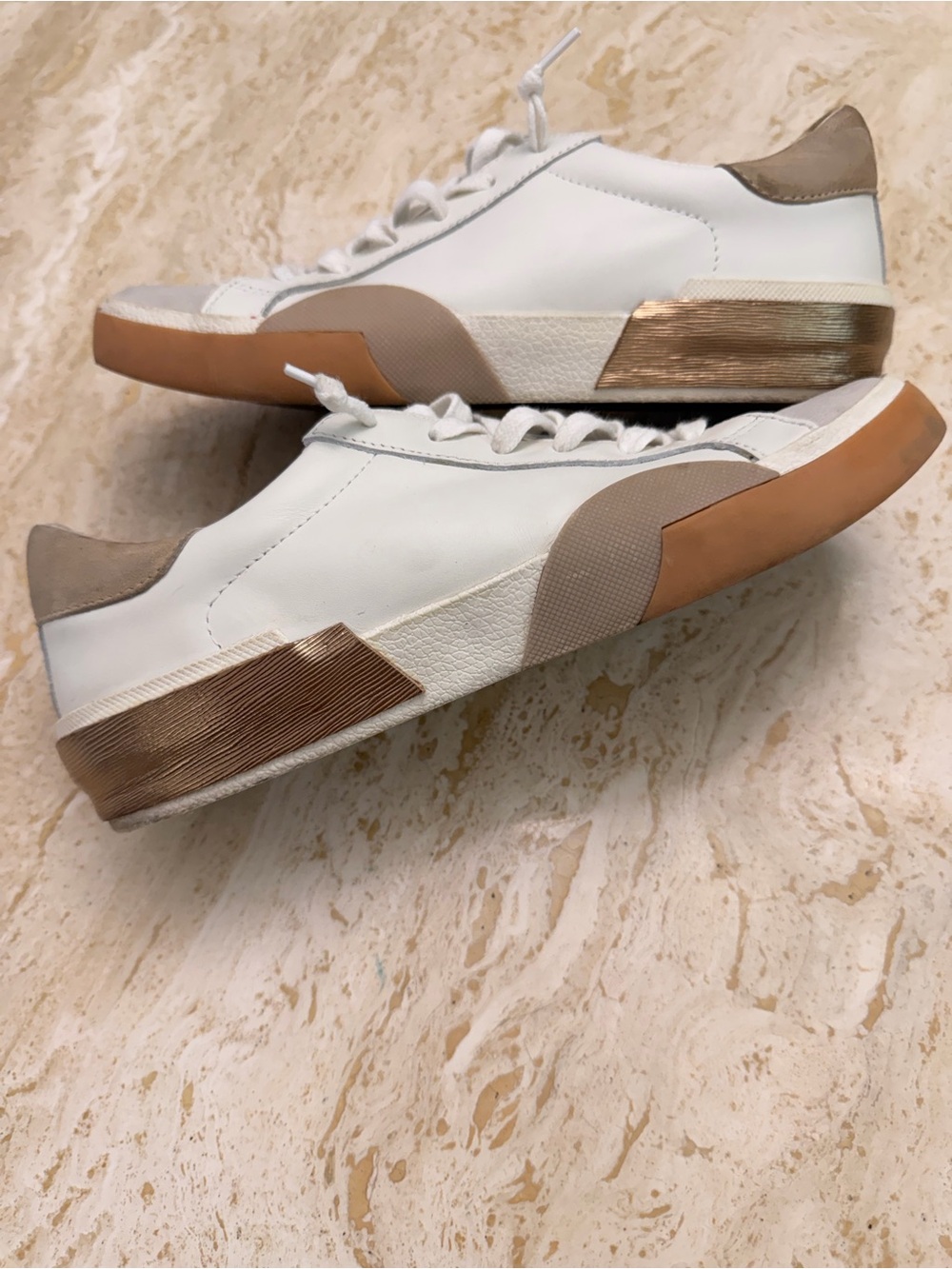 Dolce Vita White Sneakers with Tan and Gold Accents Size 8